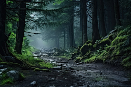 Mystical mysterious fog in the forest at sunsetの素材