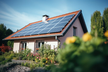 Solar panels on the roof of the house, eco energy, green technologies, sustainable resourcesの素材