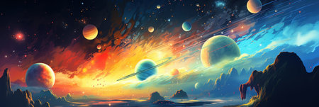 Fantasy universe with planets and constellations, pleiades of stars and galaxies, science fiction and astronomy concept, banner illustrationの素材