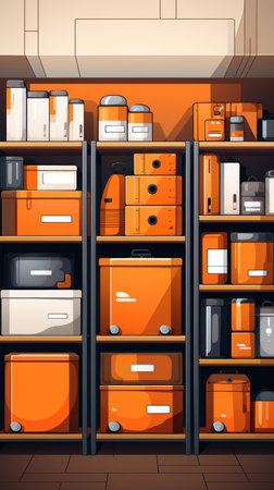 Storing things in the basement of the house or in a special container room, shelving for things that are rarely used, pantry or storage shed, illustrationの素材