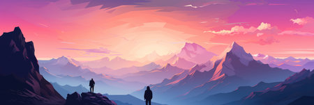 Traveler standing on top of mountain, goal reached, active tourism and mountain travel, banner illustrationの素材