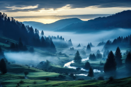 Mystical mysterious fog over the forest tops with a view of the mountains at dawnの素材