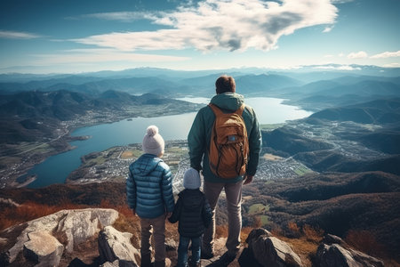 A family of travelers standing on top of a mountain , goal achieved, active tourism and mountain travelの素材