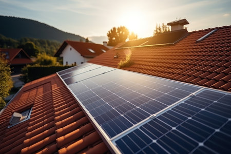 Solar panels on the roof of the house, eco energy, green technologies, sustainable resourcesの素材