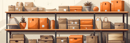 Storing things in the basement of the house or in a special container room, pantry or storage shed,Shelving for things that are rarely used, banner illustrationの素材