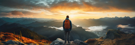 Traveler standing on top of mountain, goal reached, active tourism and mountain travel, bannerの素材