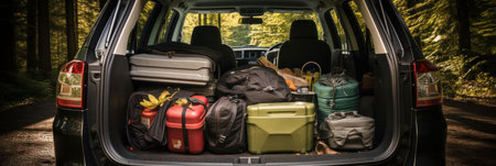 Open car trunk with suitcases and things, outdoor recreation, camping, travel conceptの素材