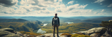 Traveler standing on top of mountain, goal reached, active tourism and mountain travel, bannerの素材