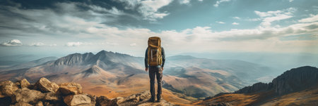 Traveler standing on top of mountain, goal reached, active tourism and mountain travel, bannerの素材