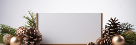 Christmas mocap, background with spruce balls and snowflakes and spruce branches , blank sheet of white paper, winter holidays concept, bannerの素材