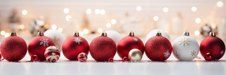 Christmas background with spruce balls and snowflakes and fir , winter holidays design in white and red colors, bannerの素材