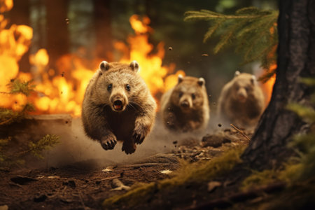 Forest animals fleeing from forest fire, a fire in a forest or parkの素材