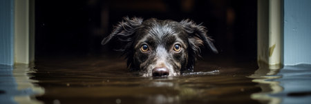 Dog in flooded house after flooding, effects of heavy rain and river overflows, bannerの素材