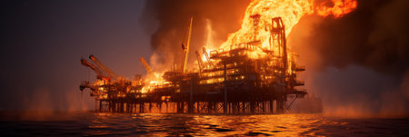 Fire on an oil rig in the sea or ocean, oil burns, environmental pollution, bannerの素材