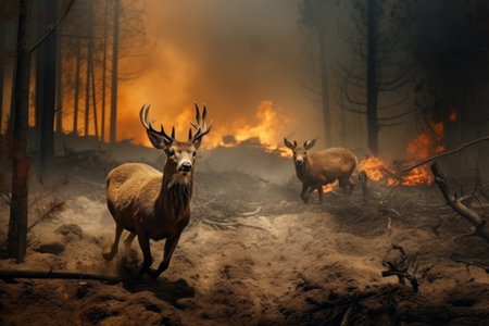 Forest animals moose fleeing from forest fire, a fire in a forest or parkの素材