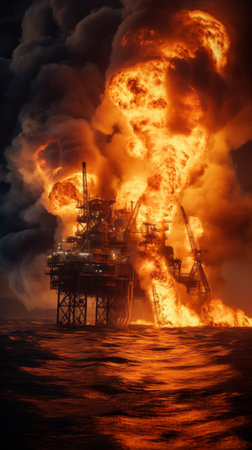 Fire on an oil rig in the sea or ocean, oil burns, environmental pollutionの素材
