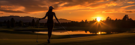 Golfer on the golf course playing golf at sunset , active outdoor game, bannerの素材