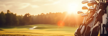 Several golf clubs on the background of green golf course, active outdoor gameの素材