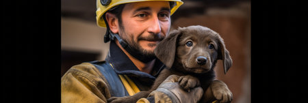 A rescuer holds a puppy rescued from the rubble of destroyed houses after a massive earthquake, bannerの素材
