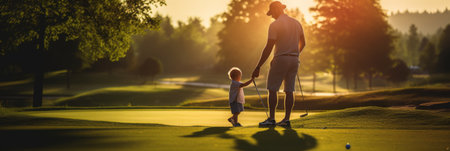 Dad teaches his child to play golf, dad and child on a golf courseの素材
