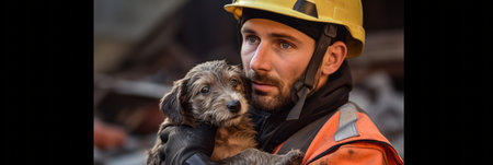 A rescuer holds a puppy rescued from the rubble of destroyed houses after a massive earthquake, bannerの素材