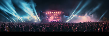 A big pop concert or festival, a stadium with lots of people watching a brightly colored stageの素材