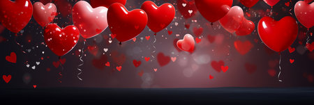 Valentine's Day concept, red heart-shaped balloons on blurred bright background, bannerの素材