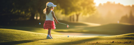 Small child with a golf club learning to play golf in golf, dad and child on the golf course, bannerの素材