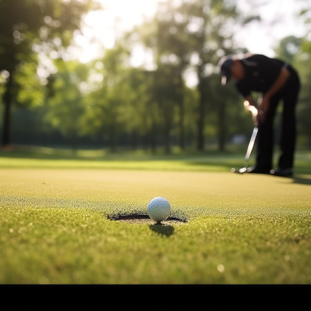 Close-up of a golf ball on a golf course green, an active outdoor gameの素材