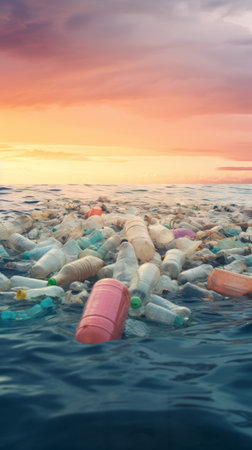 Plastic pollution in the world's oceans, various bottles and bags in the ocean, plastic trashの素材