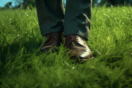 Walking on green grass, close-up male feet in shoes walking on the grass, relaxation and restの素材