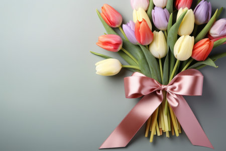A beautiful bouquet of tulips tied with a satin ribbon, the concept of spring and women's holiday March 8, birthdayの素材