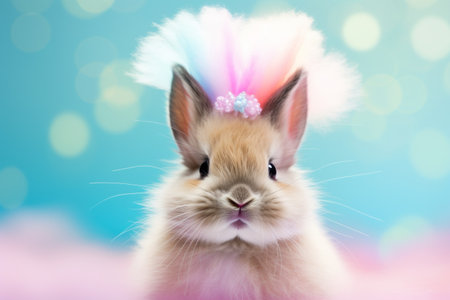 Cute fluffy funny Easter bunny on a pink background, Happy Easterの素材