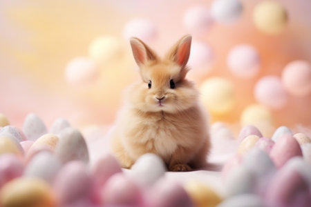 Cute fluffy funny Easter bunny among pastel Easter eggs on a pink background, Happy Easterの素材