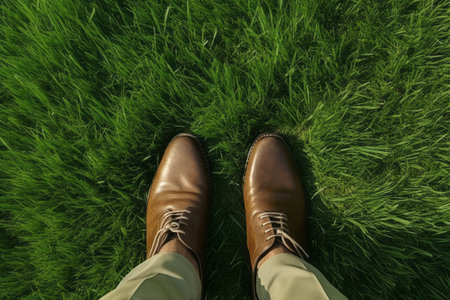 Walking on green grass, close-up male feet in shoes walking on the grass, relaxation and restの素材