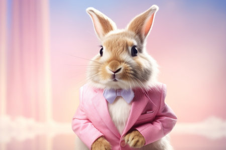 Cute fluffy funny Easter bunny in a suit among pastel Easter eggs on a pink background, Happy Easterの素材