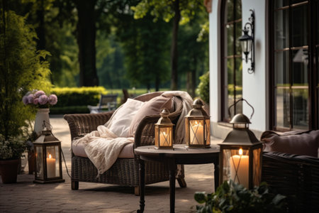 Cozy terrace in your home, summer relaxation at home with a cup of coffee on a comfortable chair near the tableの素材