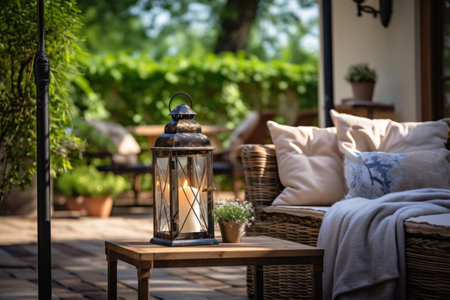 Cozy terrace in your home, summer relaxation at home with a cup of coffee on a comfortable chair near the tableの素材