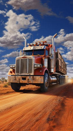 Automotive freight transport, truck close-up on sandy desert roadsの素材