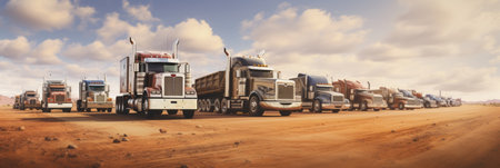 Car freight transport through the desert, close-up truck on sandy desert roads, bannerの素材