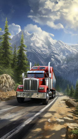 Automotive cargo transportation, close-up truck rides in a mountainous area among rocksの素材