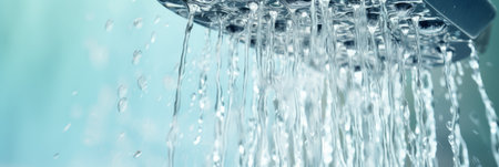 Wet shower, close-up water pouring from shower head, bannerの素材