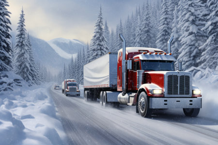 Car freight transportation, close-up of a truck driving in winter on a snowy road along a forestの素材