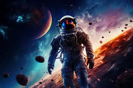 An astronaut in a spacesuit in outer space, bright multi-colored stars and universes on the backgroundの素材