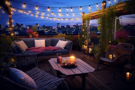 A cozy warm evening after work on your roof overlooking the sleeping city, a terrace with a comfortable sofa and lights and table lampsの素材