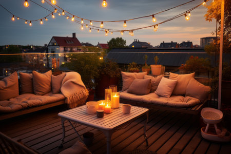 A cozy warm evening after work on your roof overlooking the sleeping city, a terrace with a comfortable sofa and lights and table lampsの素材