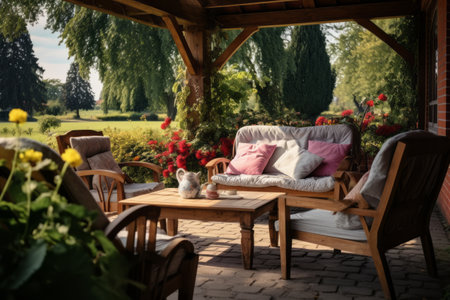 Cozy terrace in your home, summer relaxation at home with a cup of coffee on a comfortable chair near the tableの素材