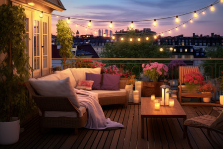 A cozy warm evening after work on your roof overlooking the sleeping city, a terrace with a comfortable sofa and lights and table lampsの素材