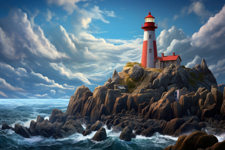 Lighthouse on a rocky shore in the waves of the ocean, tourism and sea travel, vacation on the sea or oceanの素材