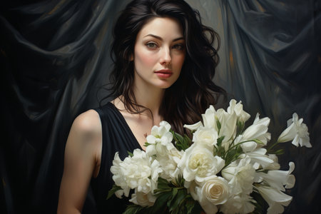 Beautiful young girl in mourning attire with a bouquet of white lilies, close-up of a widowの素材